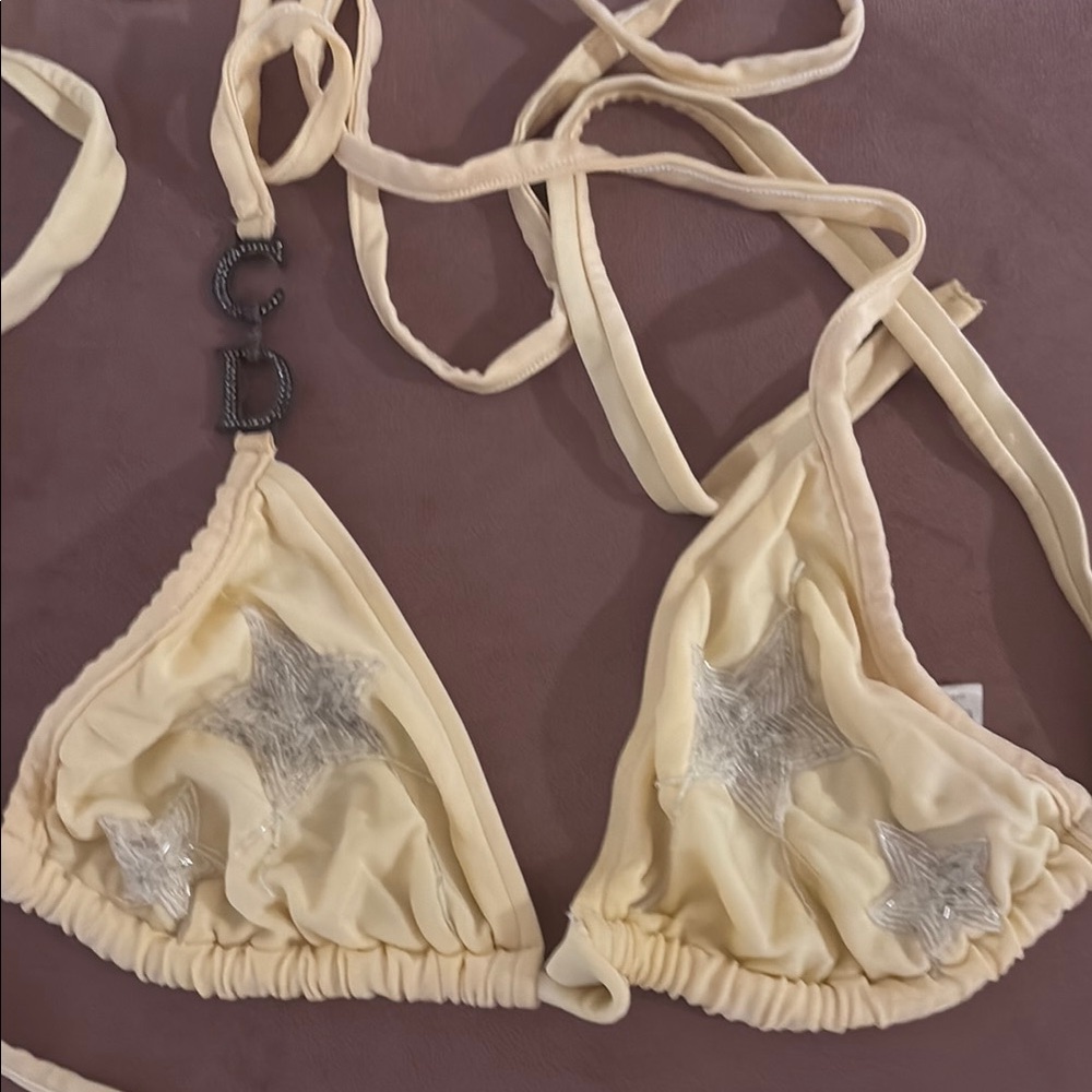 Cream Star Embellished Bikini Top